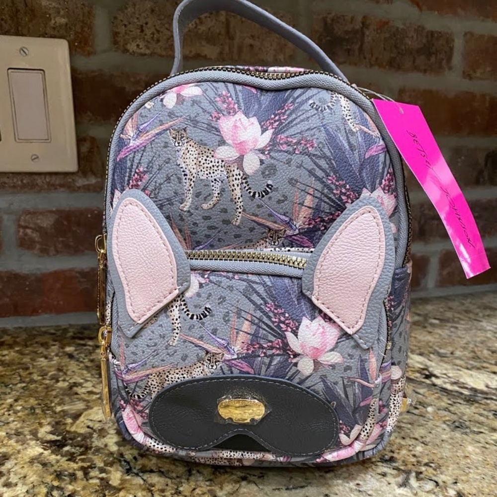 Betsy Johnson Puppy Dog Cheetah Leopard Grey Floral Mini Backpack Bag Purse NWT